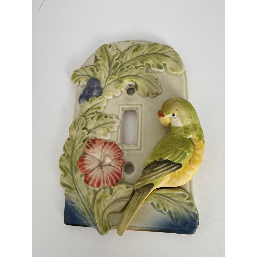 Vintage Takahashi Japan Ceramic Parrot Floral Light Switch Plate 3D